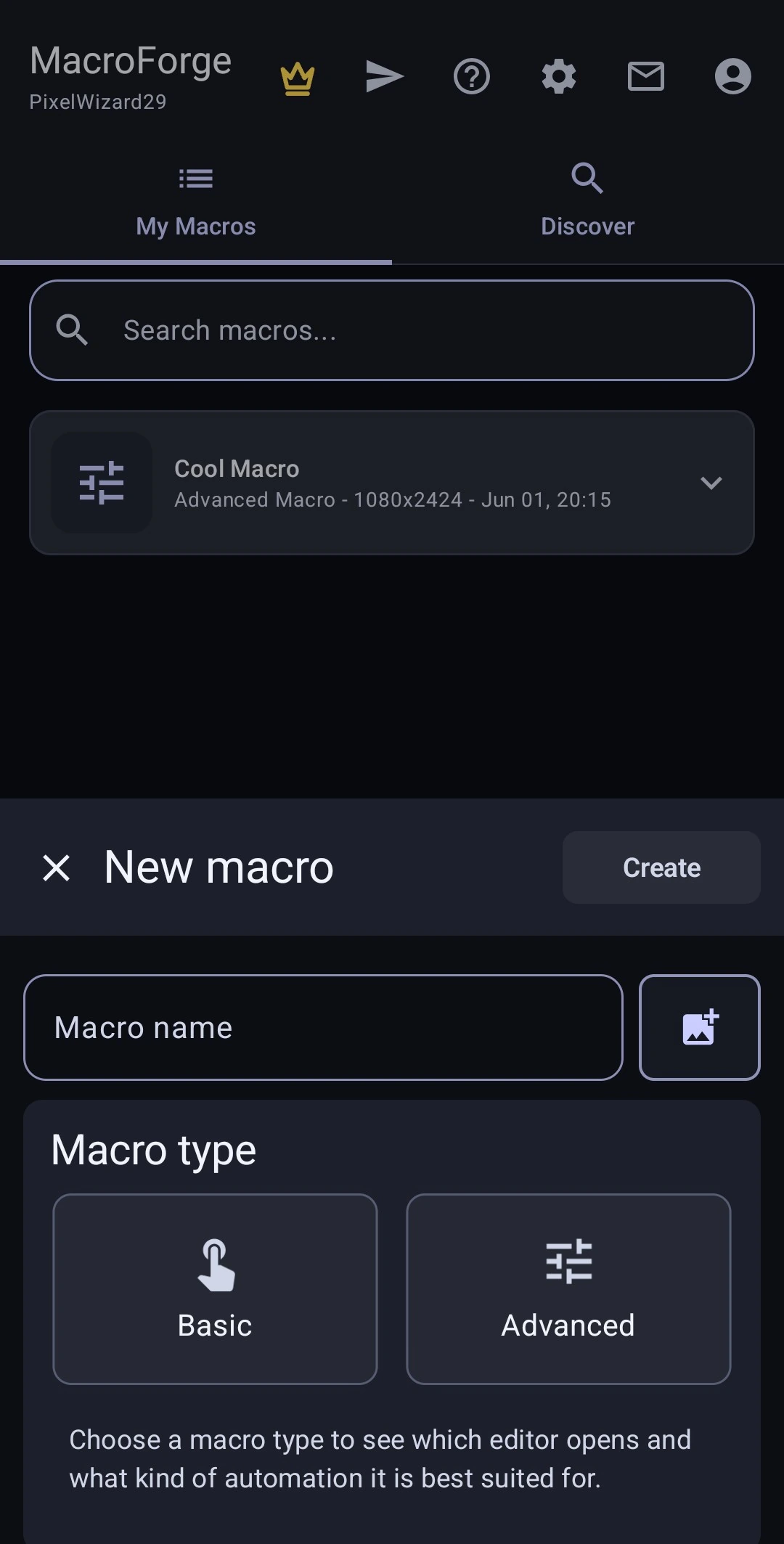 The new macro sheet, choosing between a Basic and an Advanced macro type